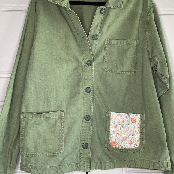 Hippie Laundry Army Green Embroidered Pocket Shirt Jacket Shacket 2X - Picture 2 of 5